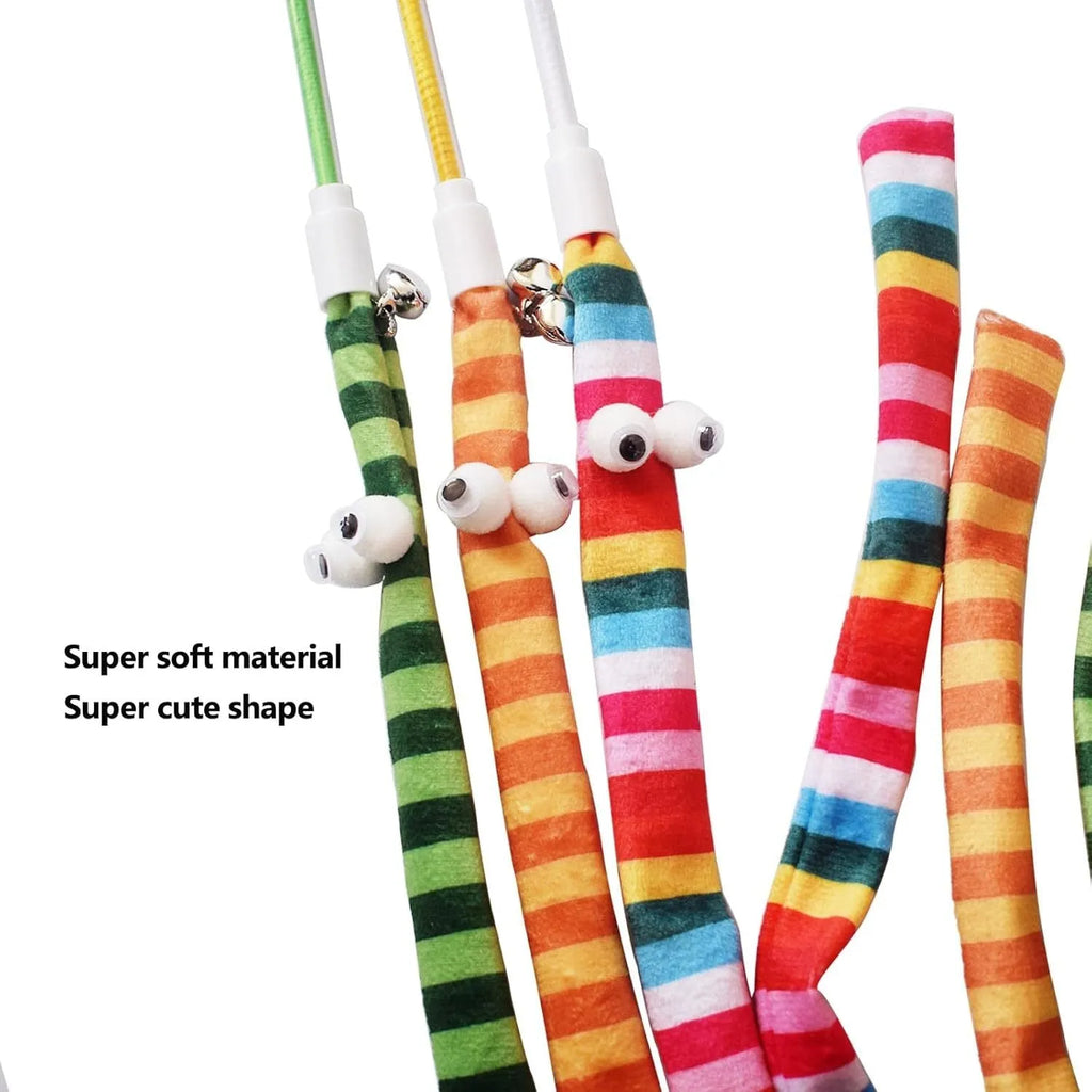 Colourful cat teaser wand with a long plush strip and bell on a polycarbonate pole.
