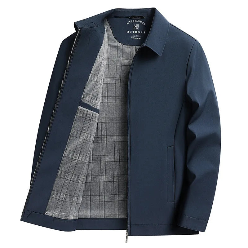 Men's solid colour casual polo collar jacket in khaki – loose fit with side seam pockets and polyester lining