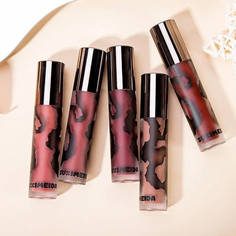 Lava Secret Matte Lip Mud Lipstick in five colour shades showing 3.2g net content.