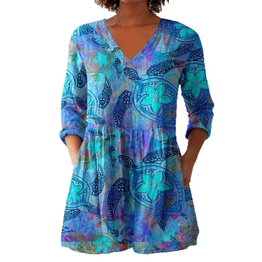 Women's slim fit retro print long sleeve top in polyester, shown in one of twelve available colour styles.