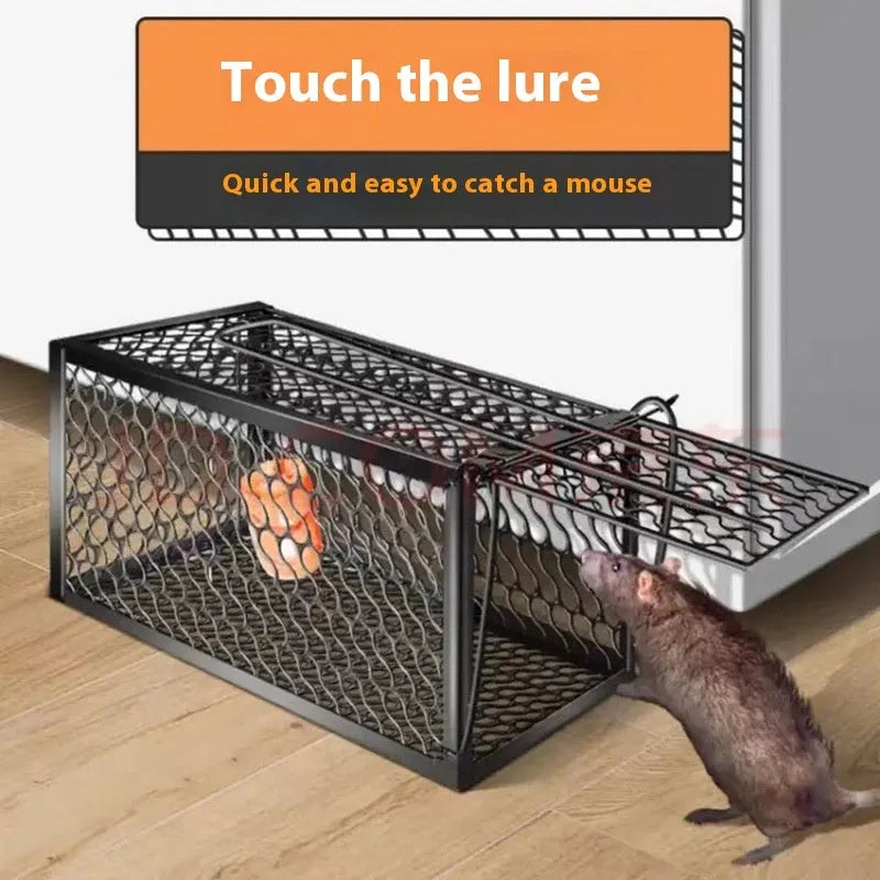 Automatic mouse cage trap in metal and plastic, shown in small, medium, and large sizes for indoor use.