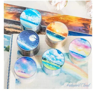 Japanese paper washi tape journal stickers showing six sky patterns including colourful clouds and twilight on 30mm wide 2m long roll