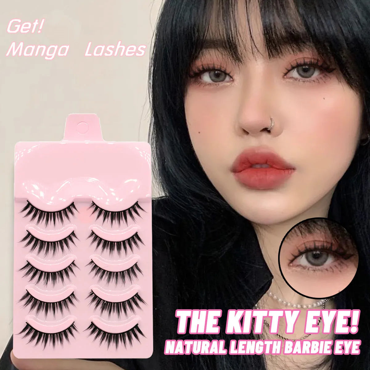 Pack of manga-style false eyelashes showing natural wispy lashes on a black plastic band.