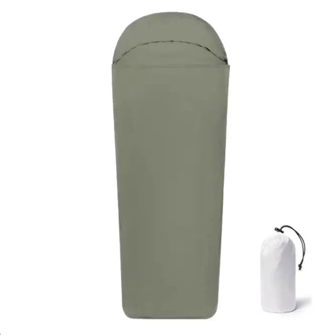 Blue and green nylon mummy-style camping sleeping bag showing packed dimensions