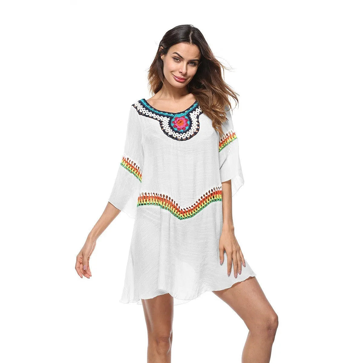 Crocheted ethnic style sun protection clothing for women in apricot, black, sapphire blue, or white.