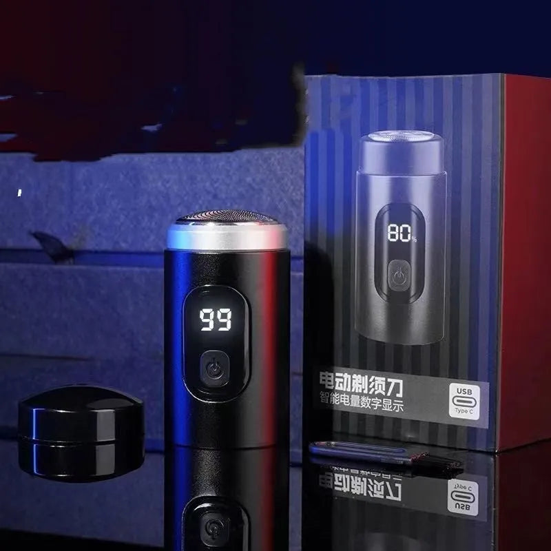 Black portable USB rechargeable shaver with LED display and cleaning brush