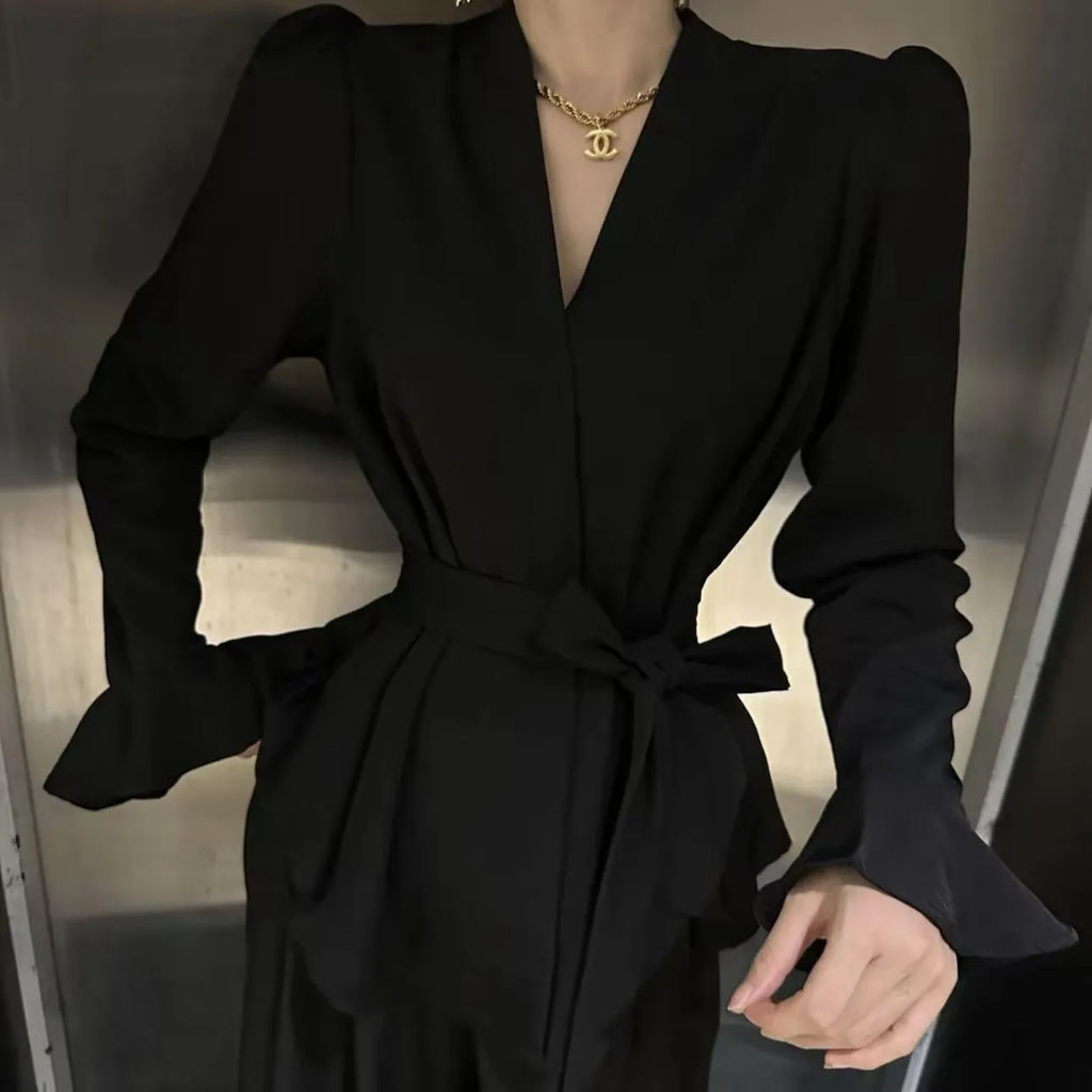 Women's French-style irregular collar long sleeve shirt with tied front in polyester fabric