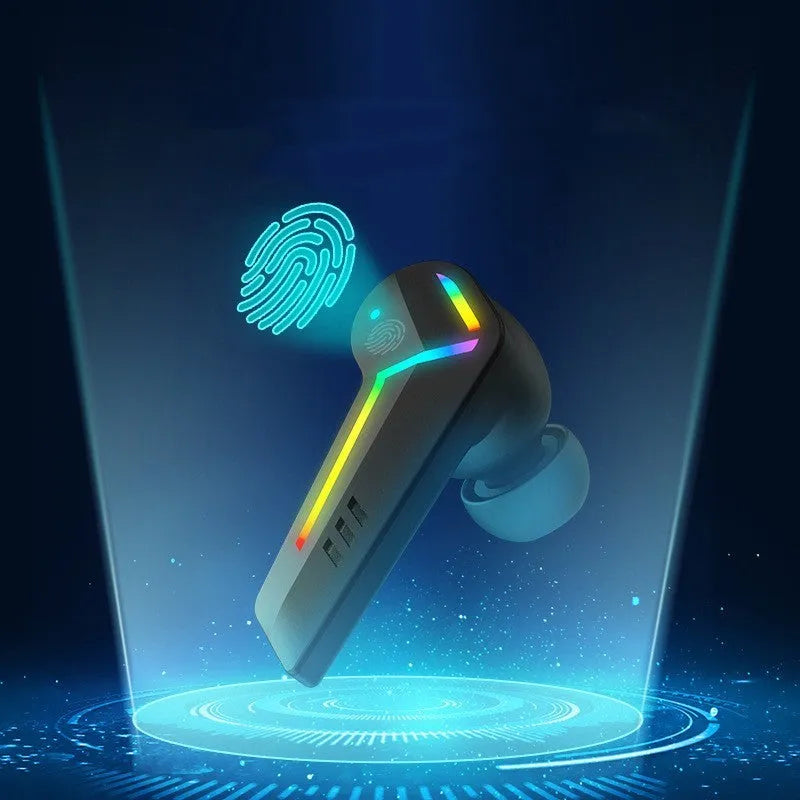 Black wireless Bluetooth earbuds with low-latency for sports and gaming