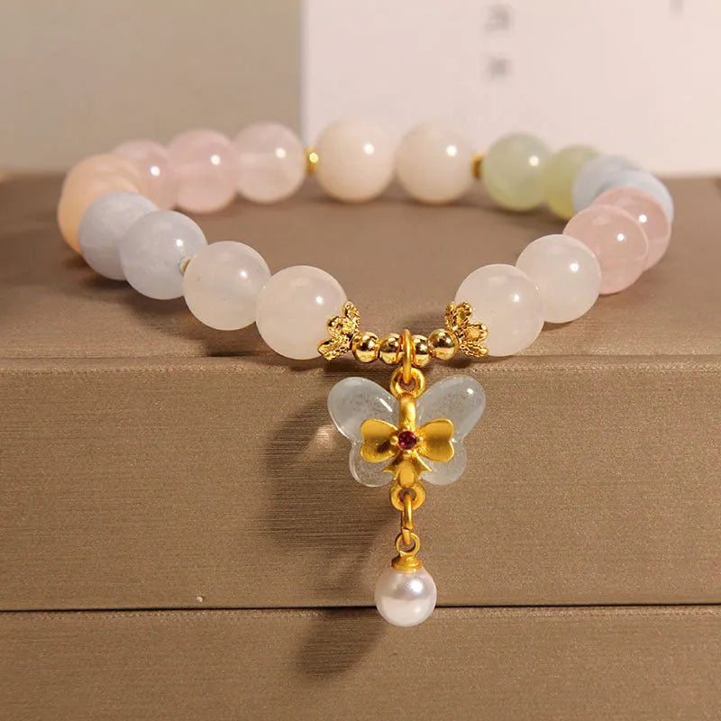 Candy colour natural morganite crystal bracelet with butterfly pendant for women