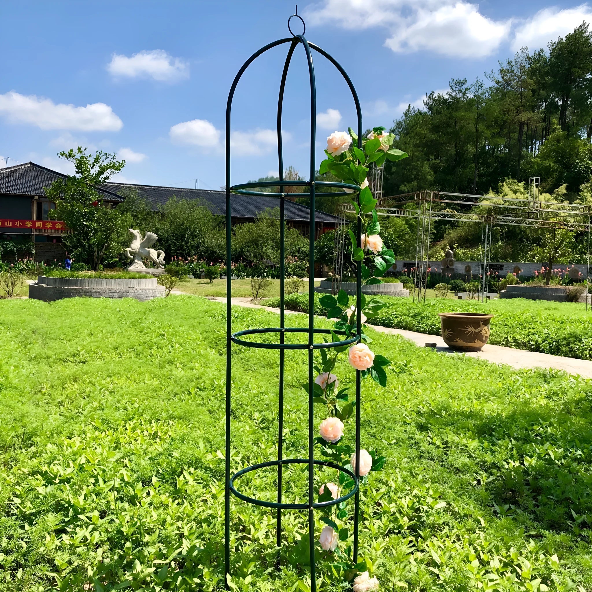 Dark green wrought iron lattice plant flower stand with climbing plant, floor-standing 188x40cm