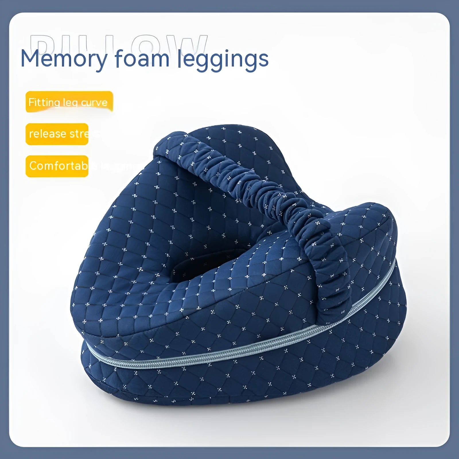Heart-shaped dark blue jacquard memory foam leg pillow for adults on a bed.