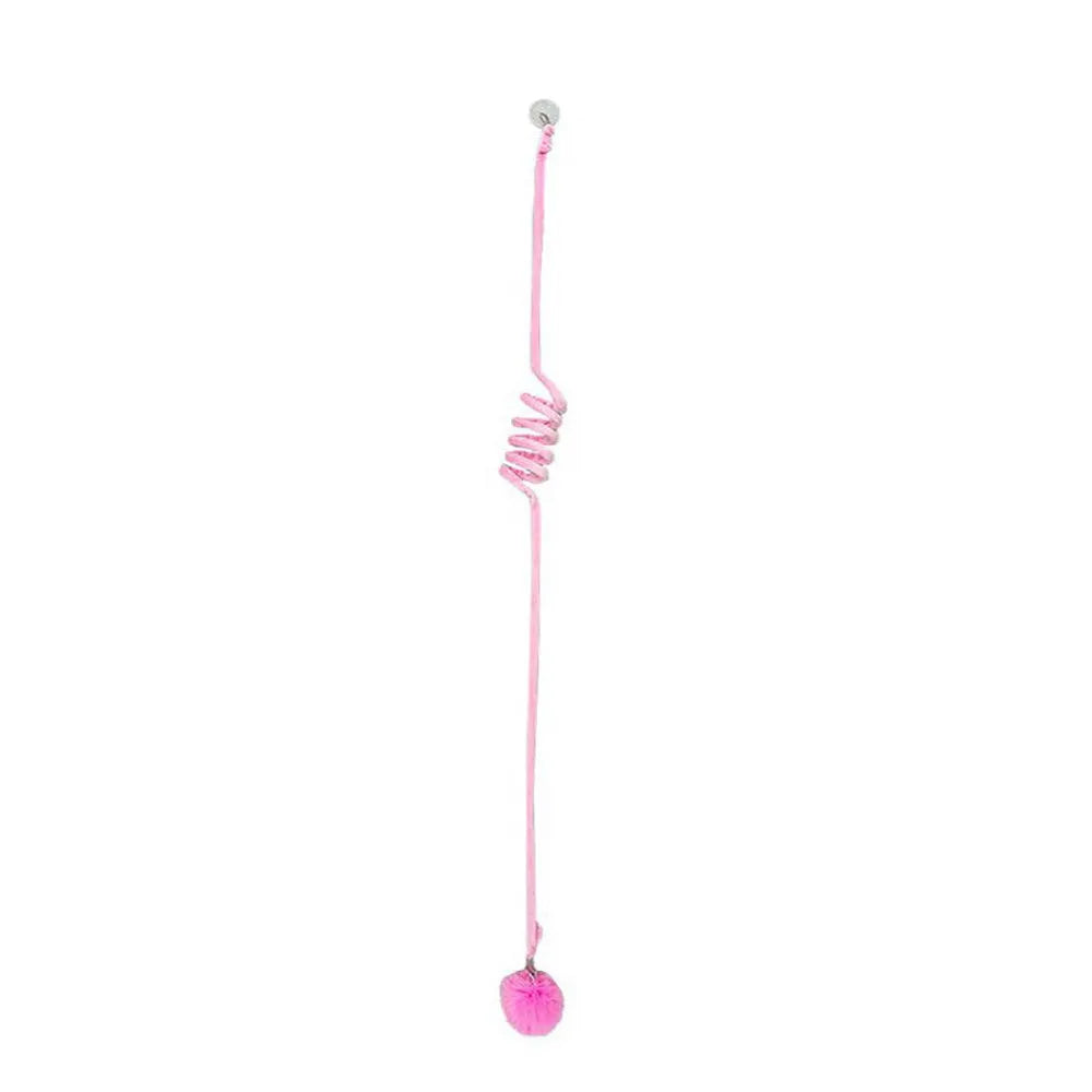 Cat toy with inflatable ball and bell stick hanging from door with suction cup attachment