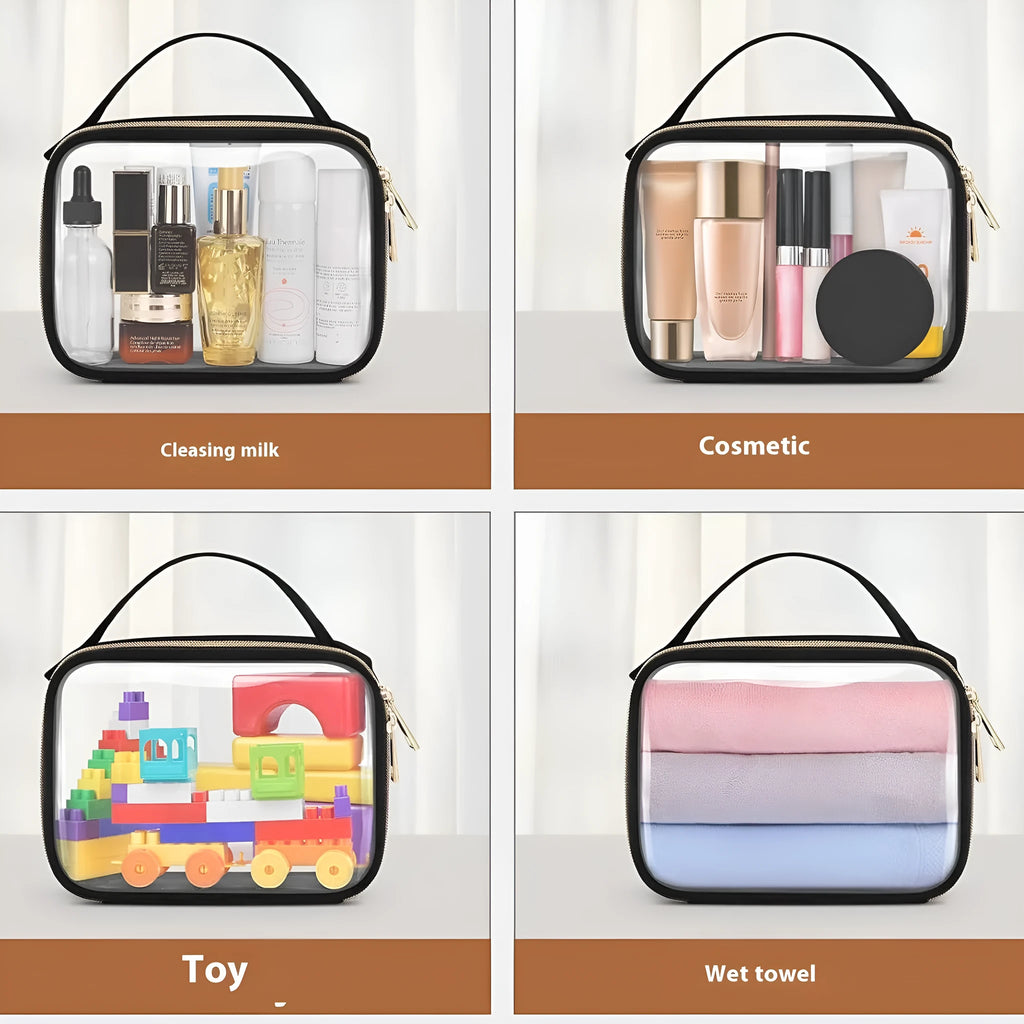 Transparent PVC wash bag with chain handle in multiple colour options showing interior space