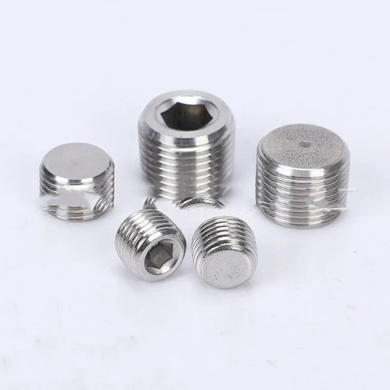 A single stainless steel hexagon pipe plug with a 3/8 series thread for bulkhead fittings.