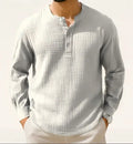 Cotton and linen long sleeve shirt round neck slim fit in solid colour for teenagers