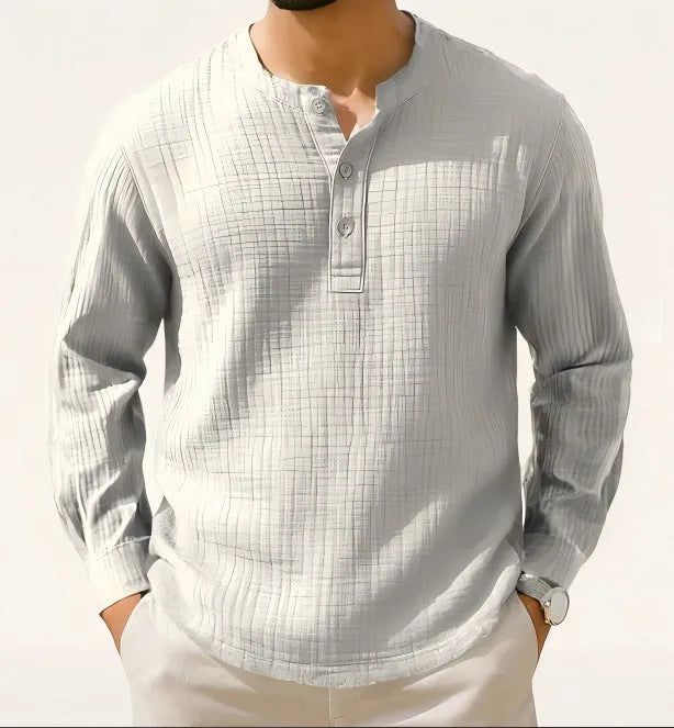 Cotton and linen long sleeve shirt round neck slim fit in solid colour for teenagers