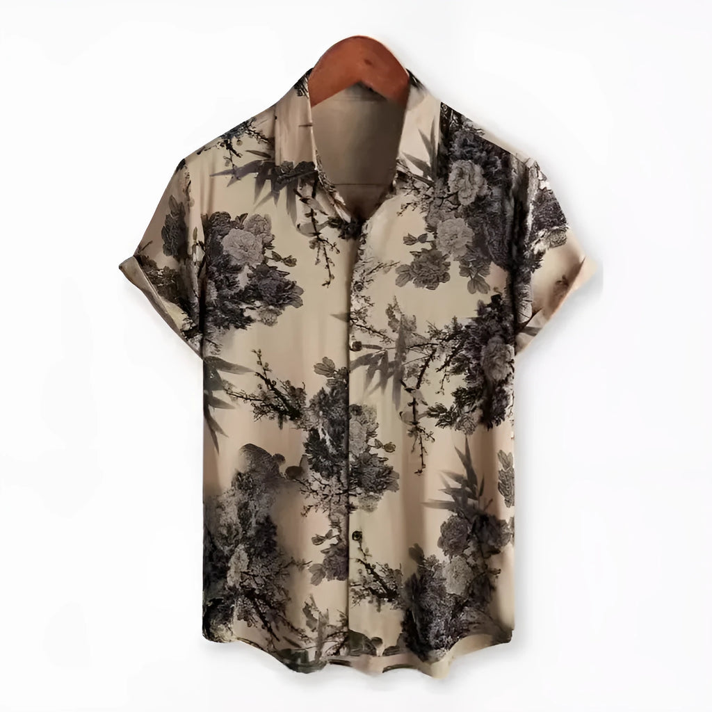 Hawaiian floral print short sleeve shirt with lapel collar in four-sided elastic polyester fabric
