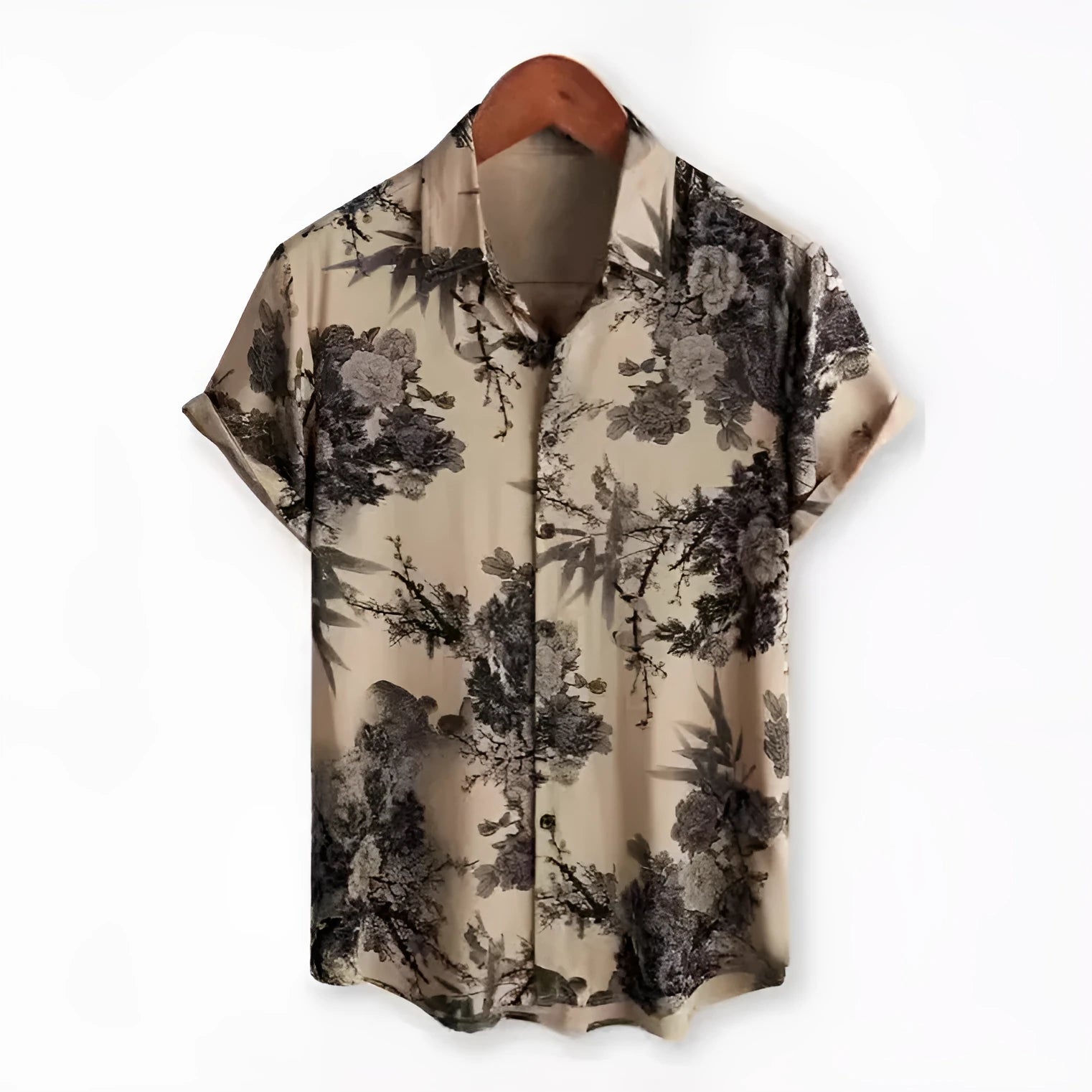 Hawaiian floral print short sleeve shirt with lapel collar in four-sided elastic polyester fabric
