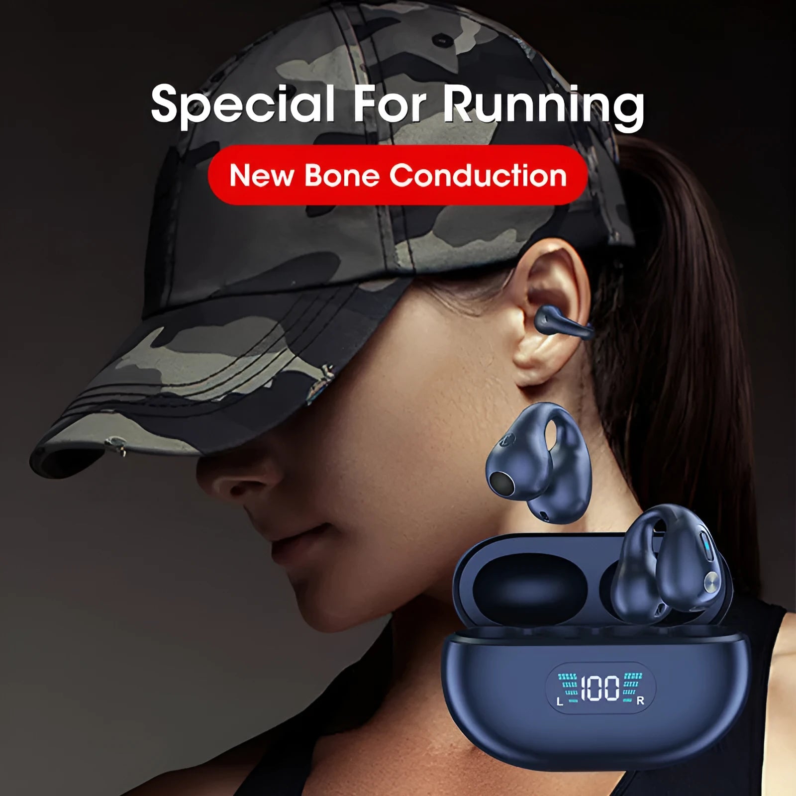 Black bone conduction Bluetooth headset with ear clip design shown on a white background.