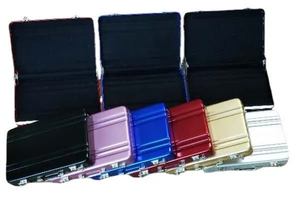 Aluminium alloy card holder in choice of colours showing compact 100x65mm size