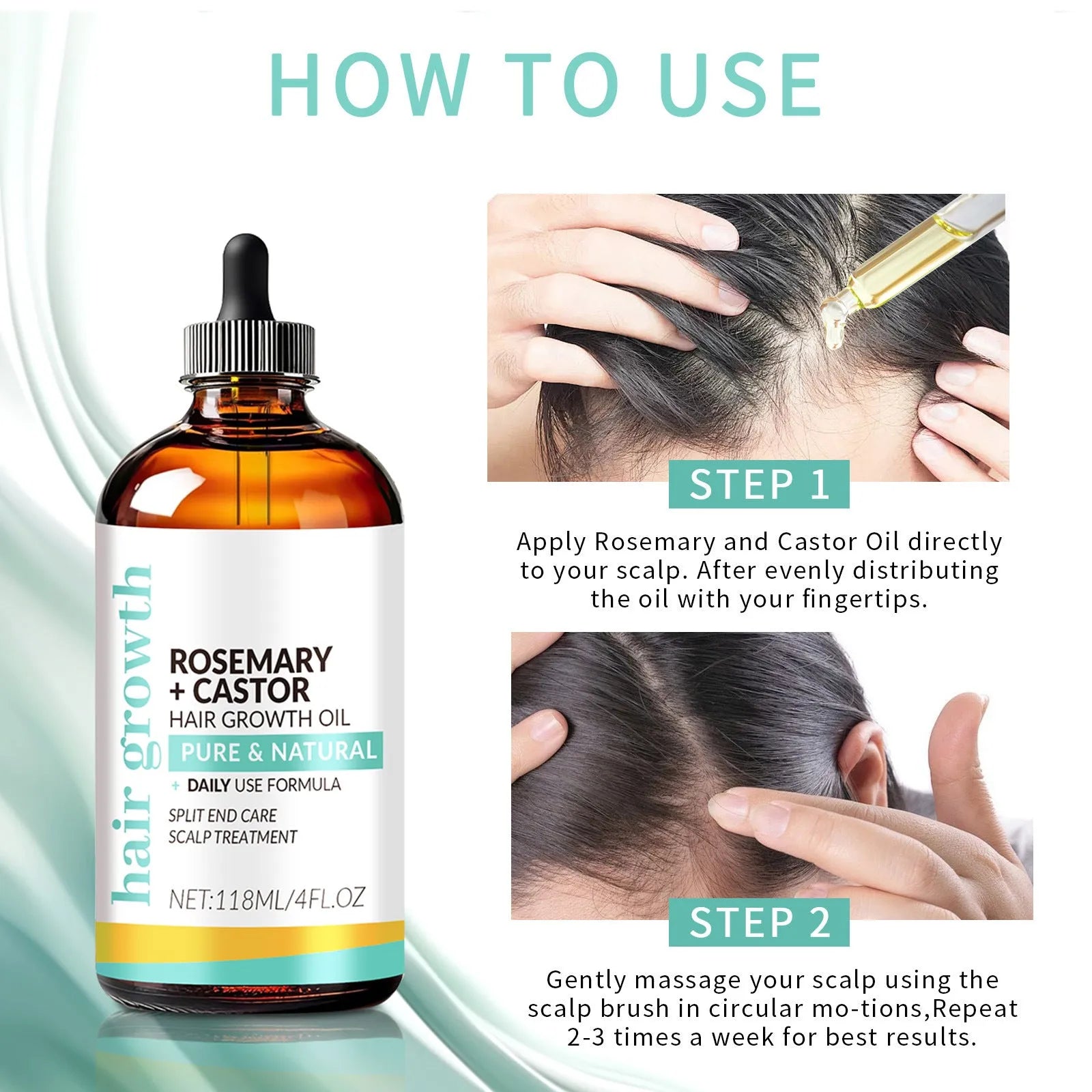 Bright yellow 118ml hair treatment oil bottle with integrated scalp massage brush for dense hair care