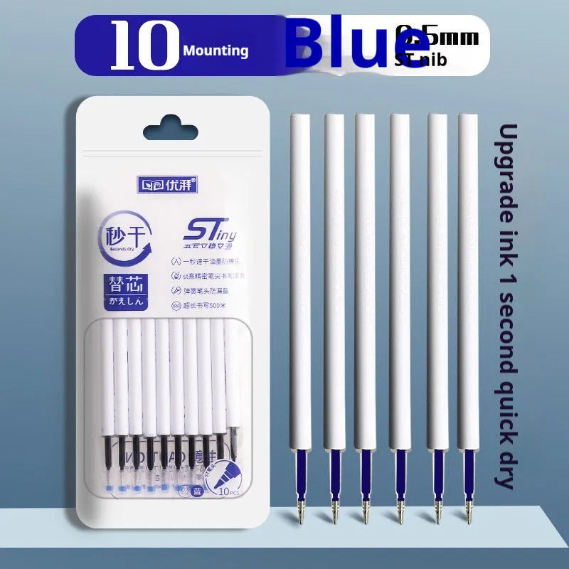 Pack of 10 quick-drying gel pen refill cartridges in black, blue, red, and ink blue colours.
