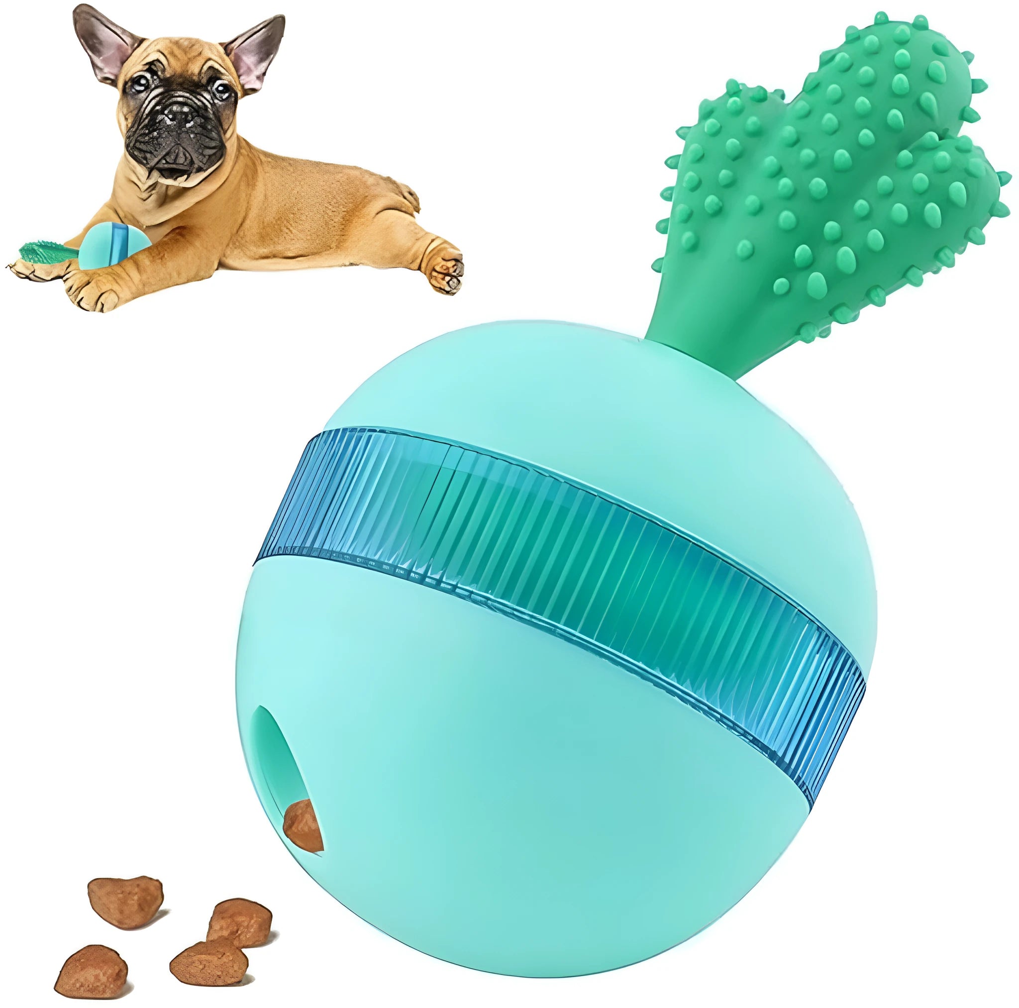 Blue durable rubber interactive dog treat dispenser ball with tumbler design for medium large breeds