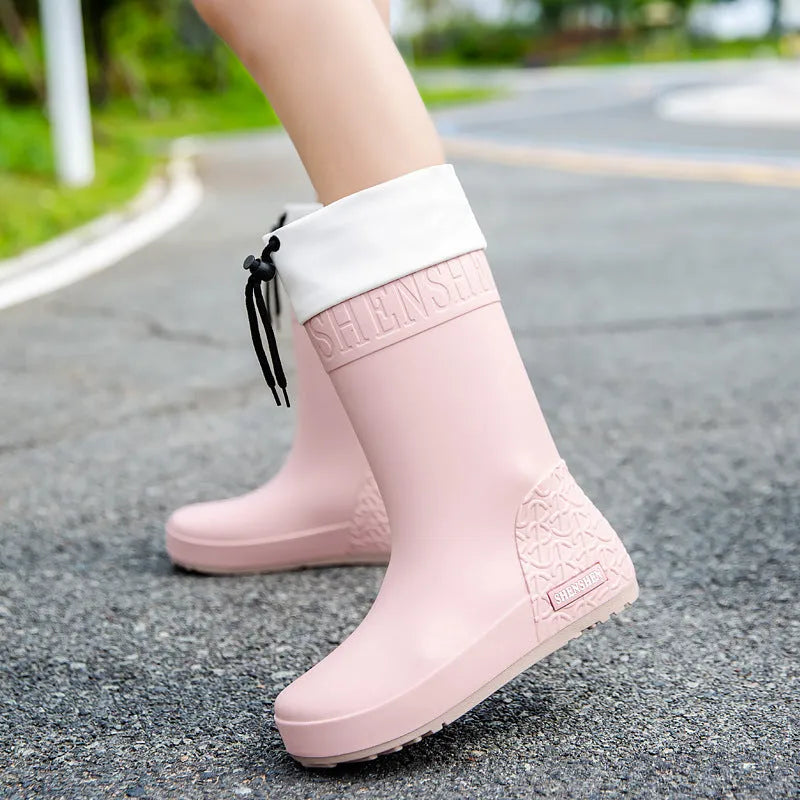 Women's non-slip wear-resistant rain boots in solid colour with PVC upper, available in apricot