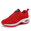 Women's red and black mesh sneakers with round toe and front lace-up design showing 3-5cm mid heel