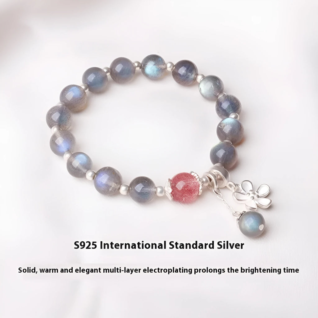 Women's 925 silver crystal bracelet with 7.5mm gray moonlight and strawberry beads, honeysuckle style, animal zodiac design
