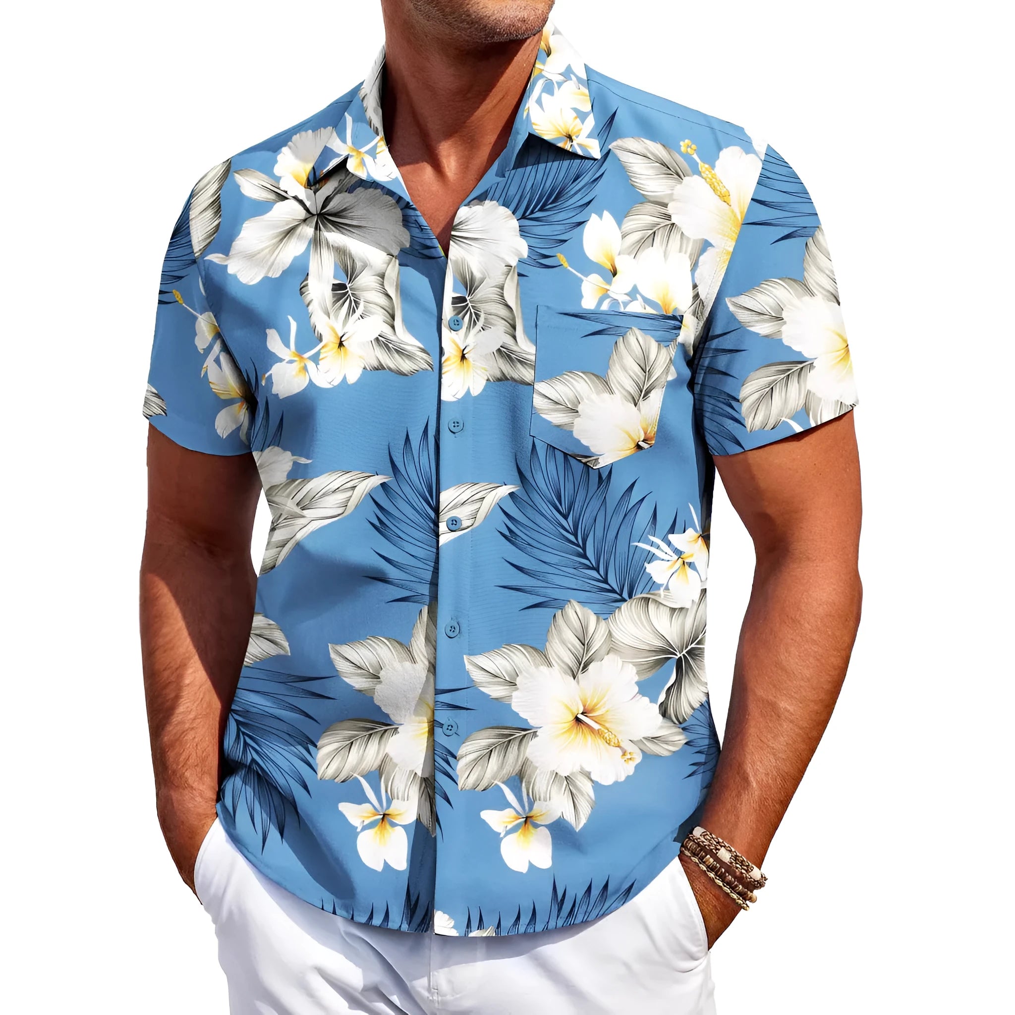 Men's slim fit Hawaiian shirt with tropical print and short sleeves on mannequin