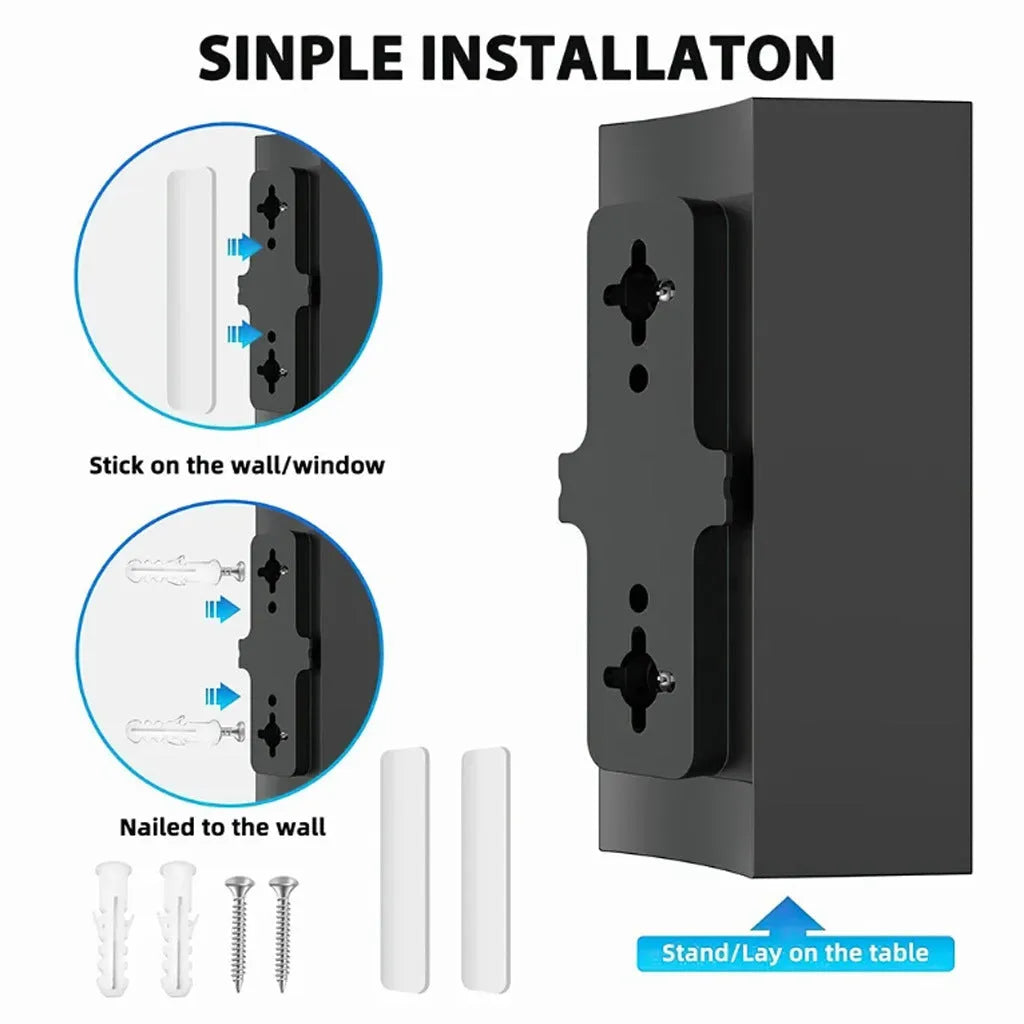 Black plastic digital television antenna with expansion tube and mounting screws on a white background.