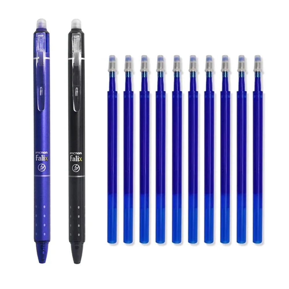 Hot erasable push gel pen with 0.5mm stainless steel nib and plastic shell in blue or black refill options