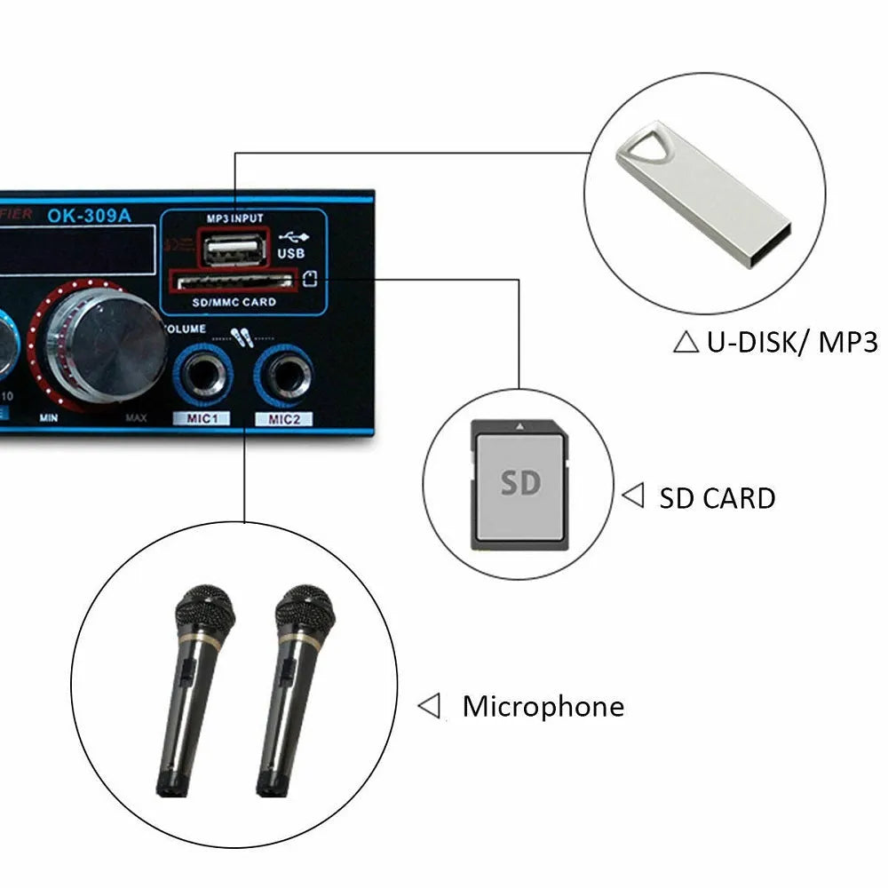 BT-309A-A black power amplifier with Bluetooth and FM functions for home and car audio systems