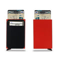 Metal credit card holder in frosted aluminium alloy with colour options including black, silver, and rose gold