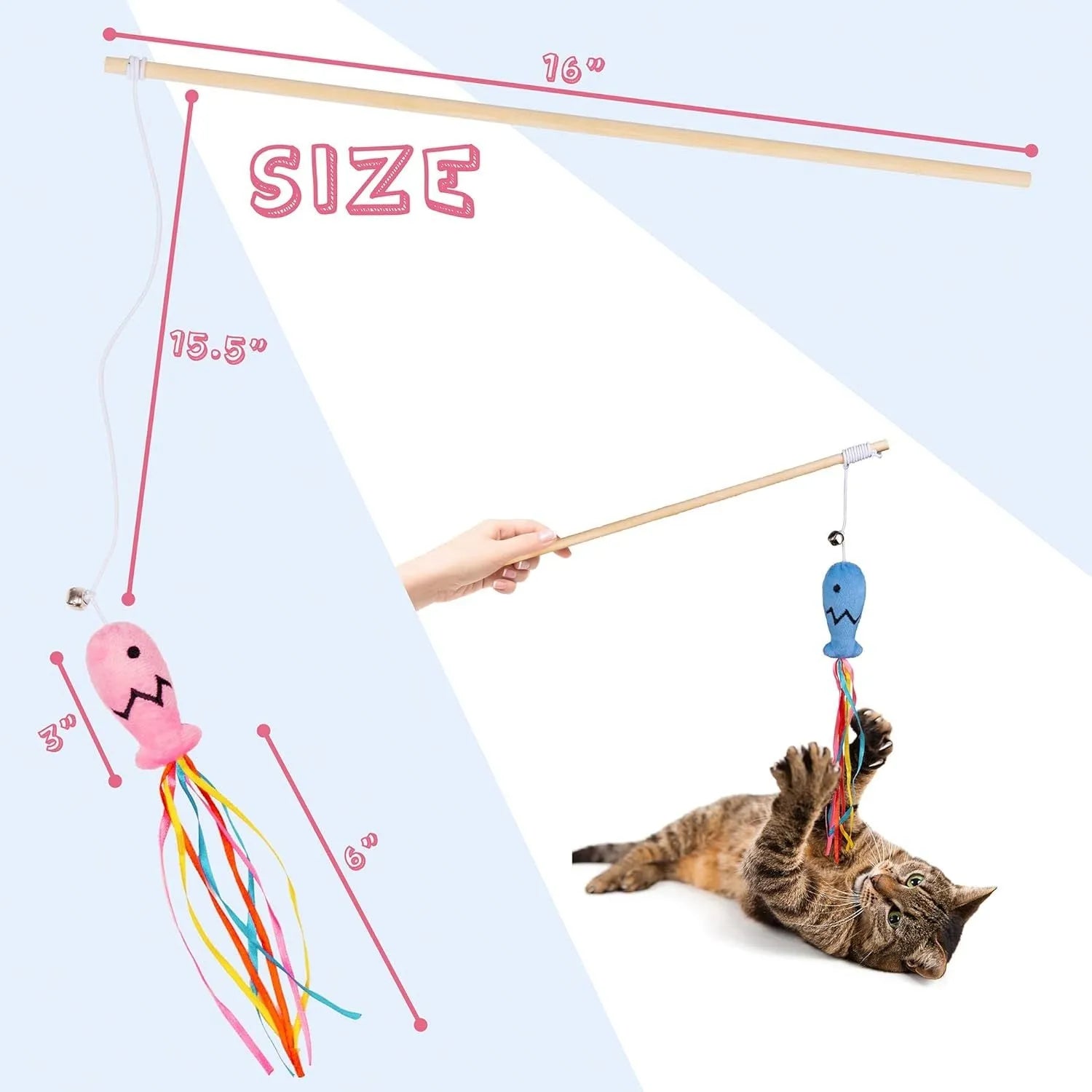 Cat wand toy with colourful ribbons, catnip fish and bell on 40cm wooden handle
