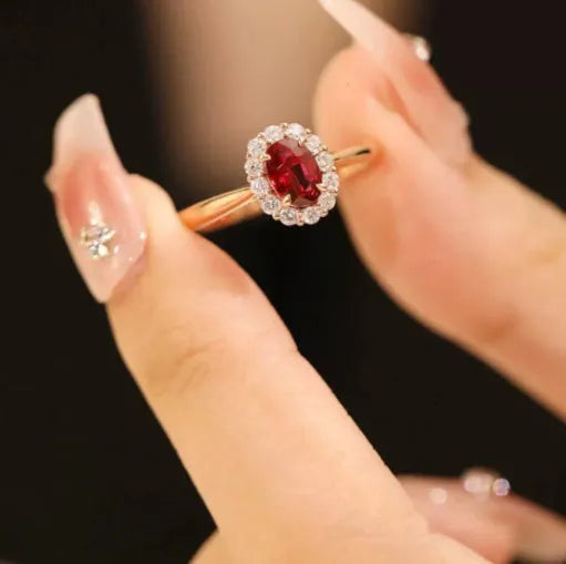 Gold Pigeon silver plated ring with red blood gemstone inlay and floral pattern design