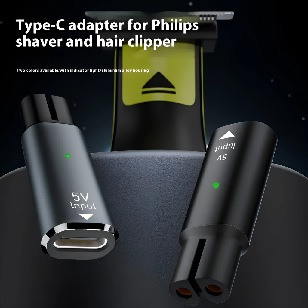 USB C charging adapter for electric shaver with aluminium alloy casing in black or grey