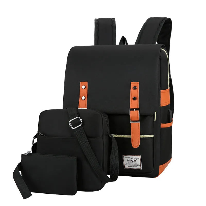 Three-piece business backpack set in Oxford cloth with computer compartment and curved shoulder straps