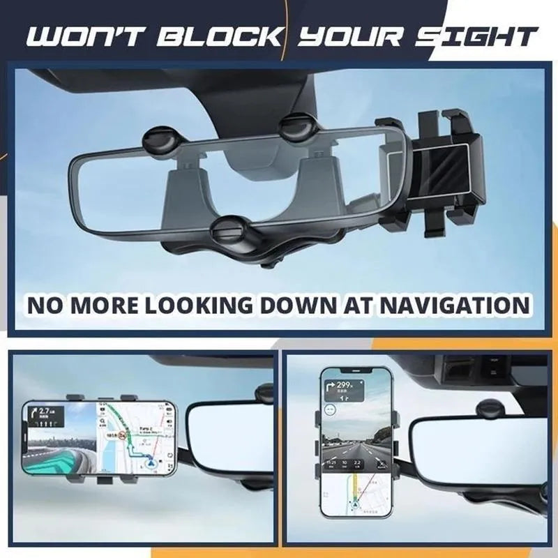 Black rearview mirror car phone holder with 360-degree rotation and telescopic arm extended