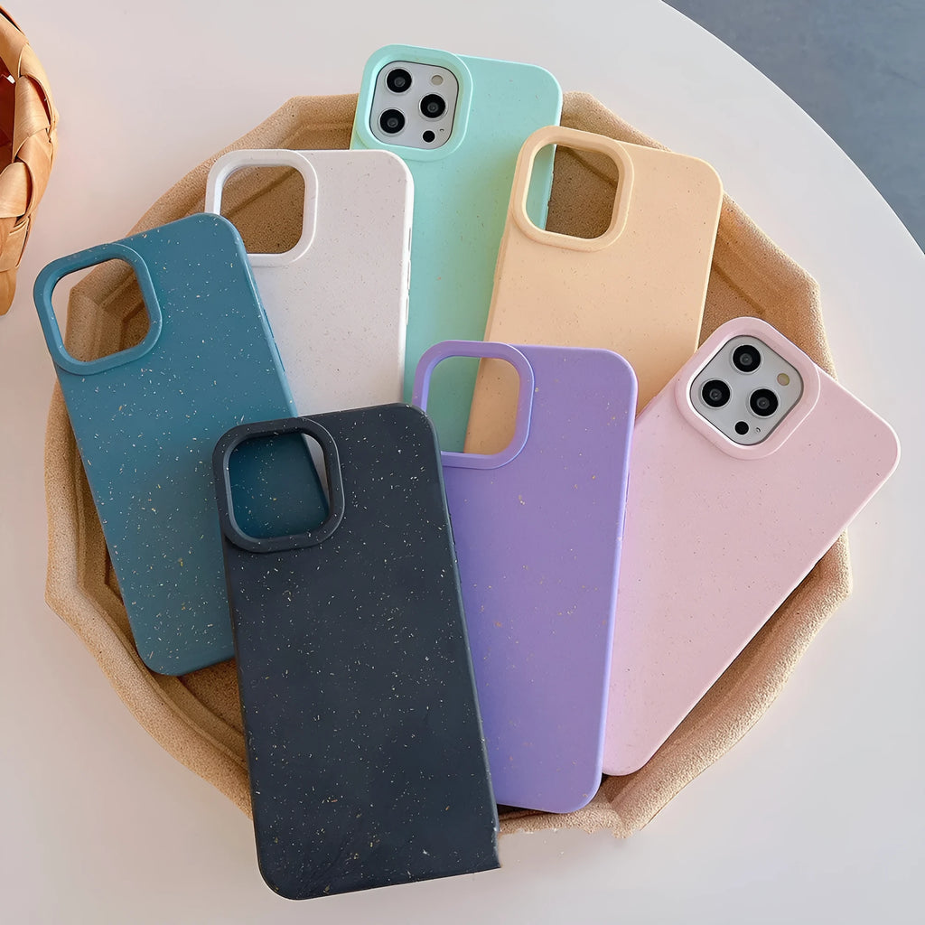 Degradable wheat straw composite phone case for iPhone 14 Pro Max in various colours.
