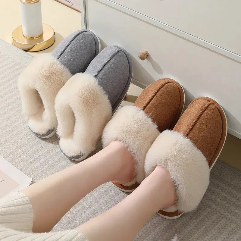 Women's plush-lined indoor winter slippers with PVC soles in five colour options