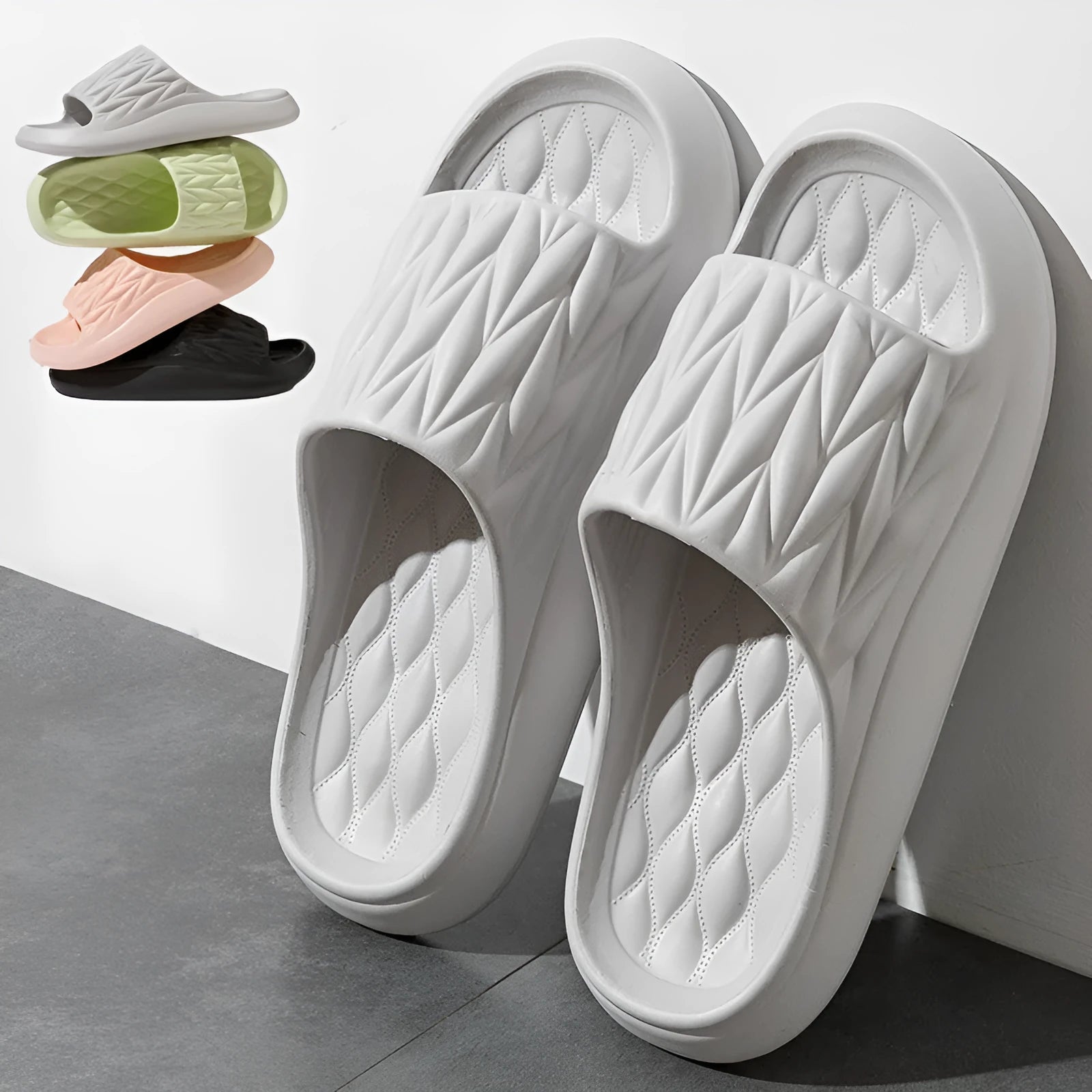 Leaf texture design EVA household slippers for men and women in various colours on a non-slip sole.