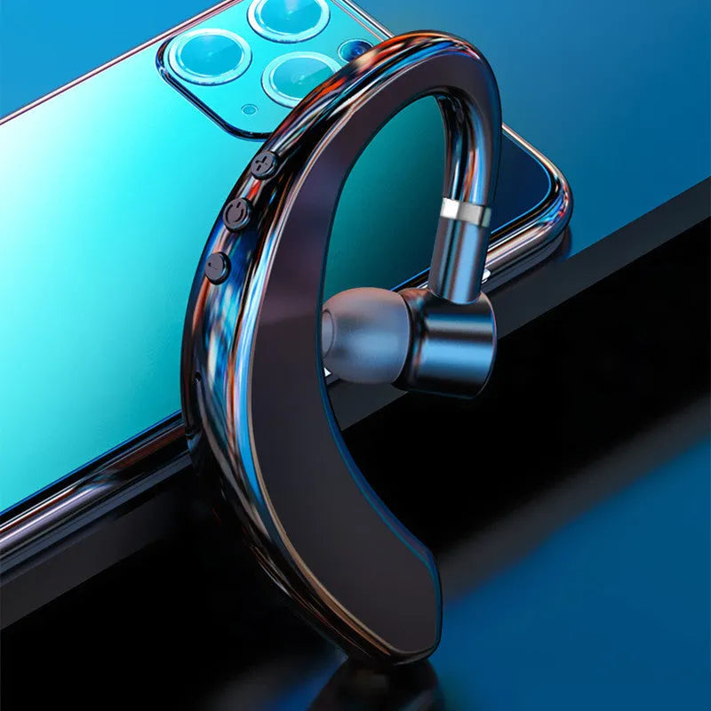 Single-ear Bluetooth headset in black or blue with rotatable earpiece and microphone