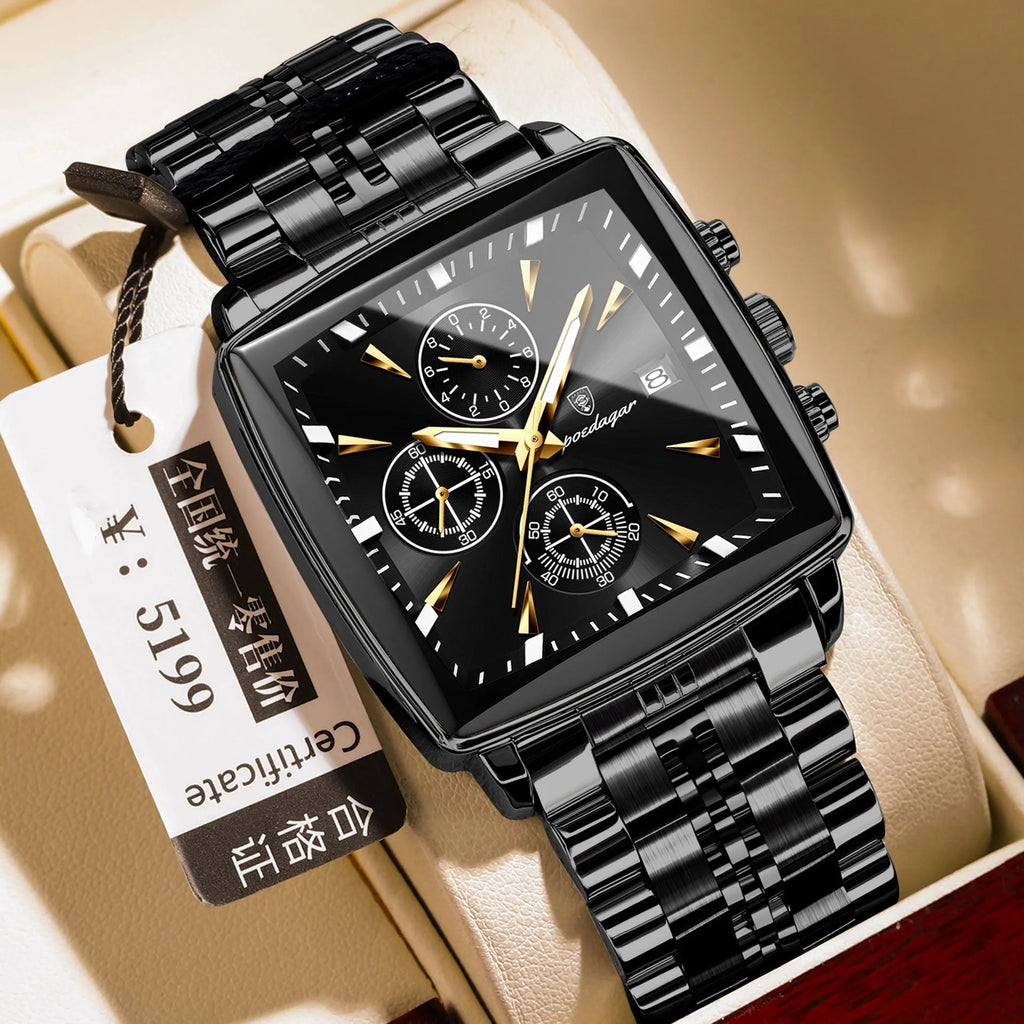 Men's square business watch with stainless steel strap in a gold and blue colour combination.