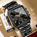Men's square business watch with stainless steel strap in a gold and blue colour combination.
