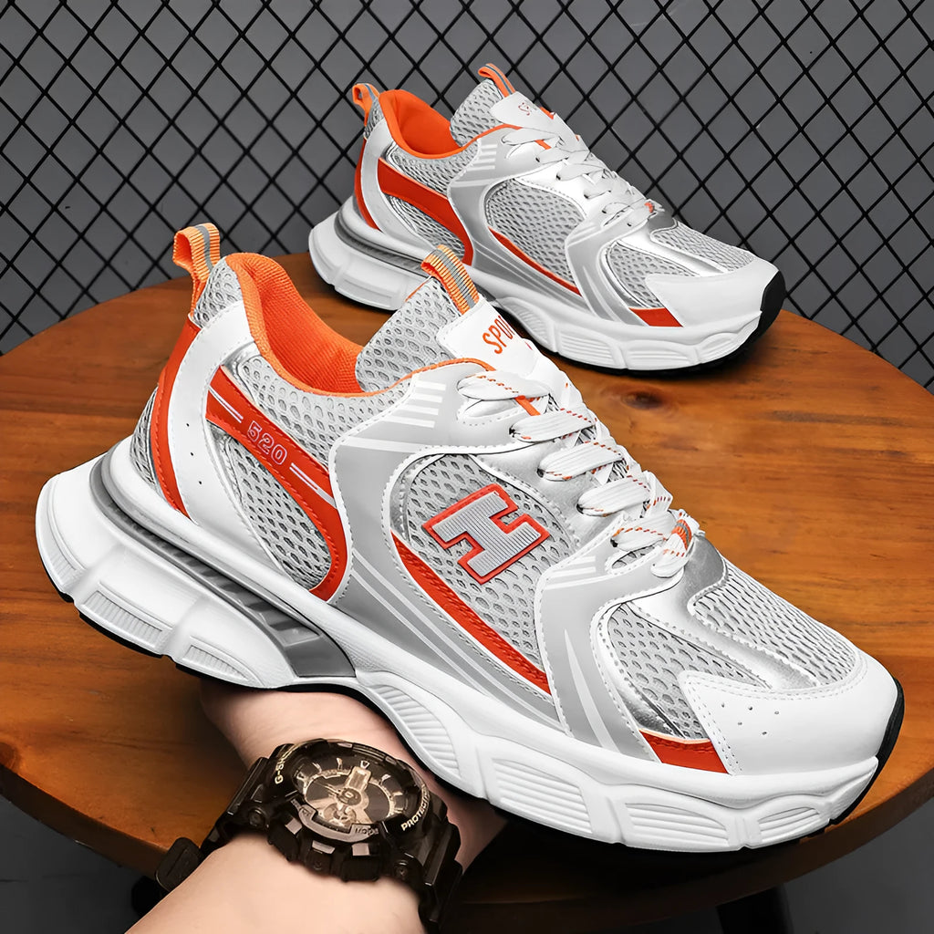 Men's mesh running shoes in black, white and grey, or white orange colours with plastic sole