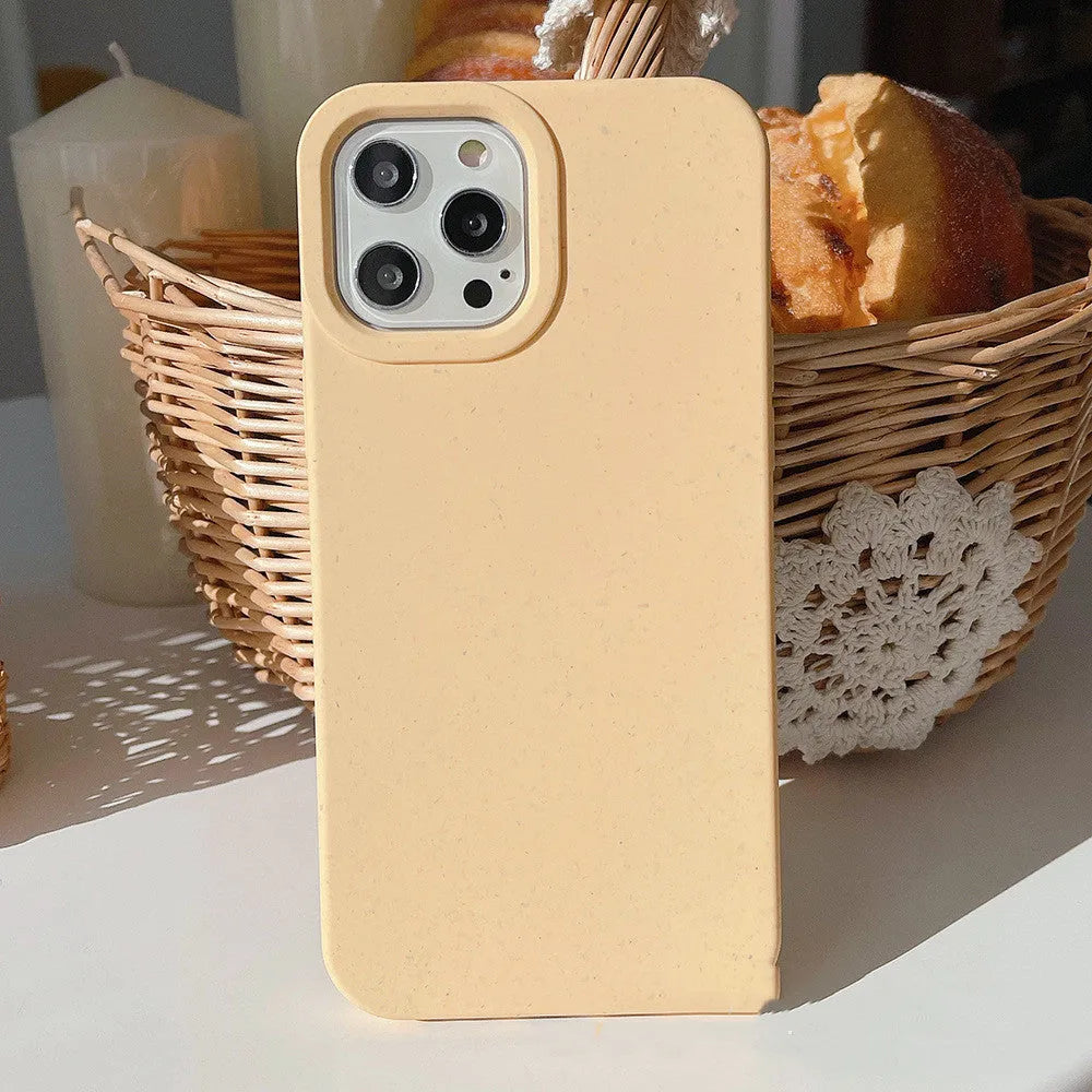 Degradable wheat straw composite phone case for iPhone 14 Pro Max in various colours.