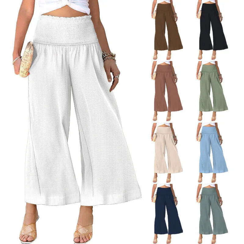Women's high-waist cotton trousers in cropped straight-leg style with fold pleating detail
