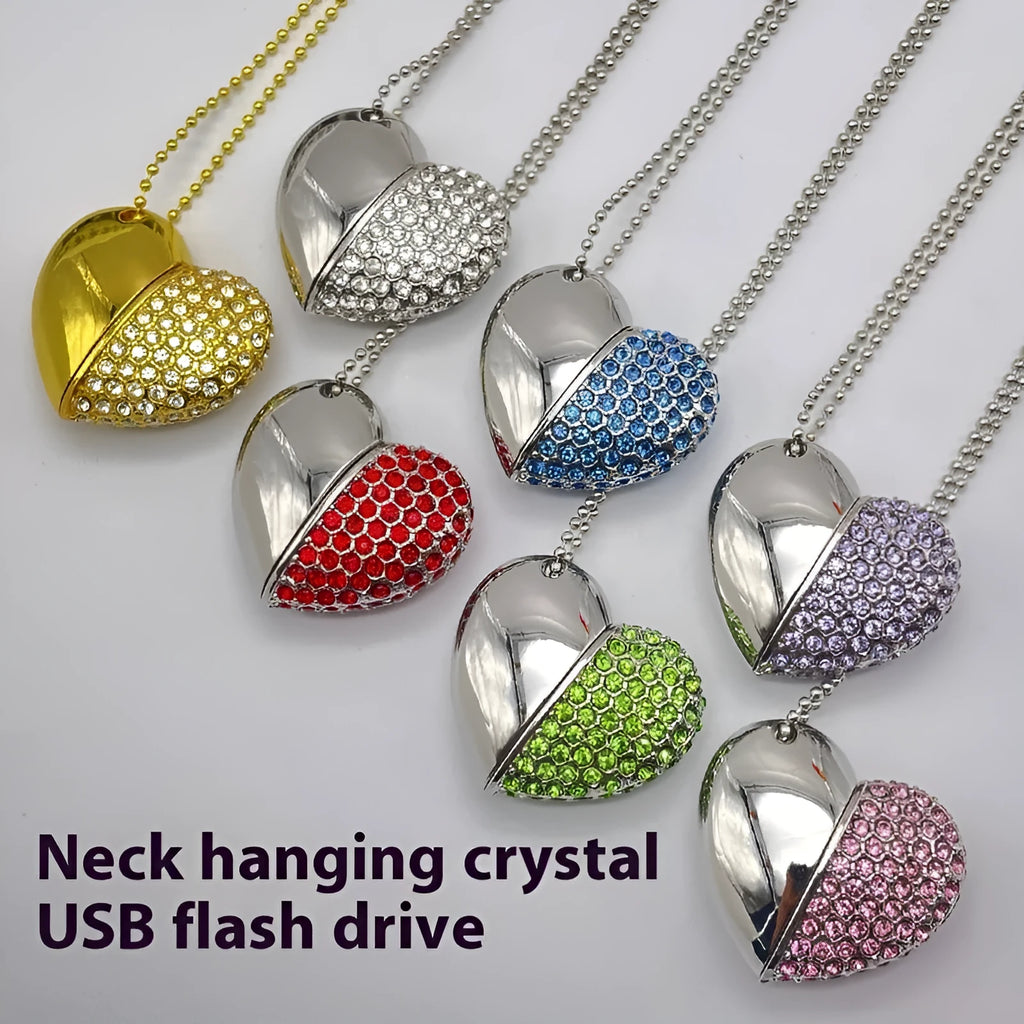 Heart-shaped brick-patterned metal USB flash drive on display in blue.